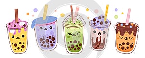 Bubble tea. Kawaii drinks with tapioca pearls. Different tastes cocktails. Refreshing smoothie. Sweet milkshakes. Boba