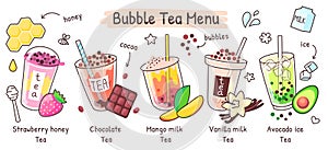 Bubble tea menu, boba drink in different flavors. Summer iced tea with tapioca pearls, taiwan pearl milk drinks shop