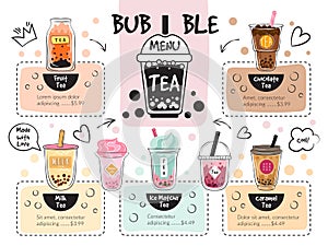 Bubble tea menu. Caffe delicious drinks recent vector restaurant menu
