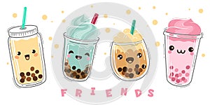 Bubble tea. Milk tea with tapioca, modern taiwanese pearl liquid dessert with balls, soft boba drinks plastic cup with photo
