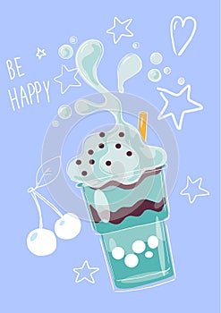 Bubble tea. Mint cold drink, chocolate and cream. Popular taiwanese sweet pearl milk with tapioca balls. Asian milkshake