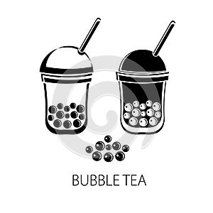 Bubble Tea, Pearl milk tea, black and white pearls. Taiwanese drink. Tapioca. Isolated object on white background in vector. Icon