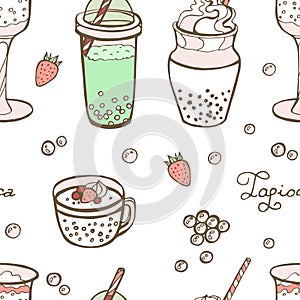 Bubble tea or Pearl milk tea cartoon seamless pattern, vector illustration