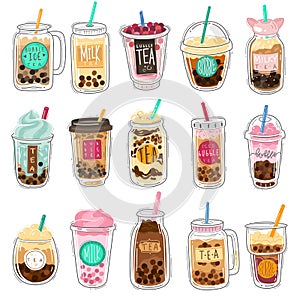 Bubble tea. Plastic cups with summer bubble asian tea, popular taiwanese pearl milk with balls, soft boba drinks with photo