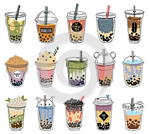 Bubble tea. Popular taiwanese pearl milk tea with balls, bubble asian tea, soft drinks in plastic cups trendy dessert