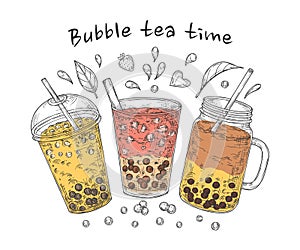 Bubble tea poster. Brown pearl coffee, famous sweet drinks. Popular asian milk tapioca drinking card. Fresh summer food