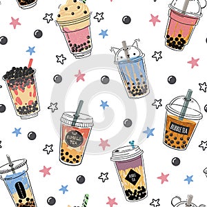 Bubble tea seamless pattern. Popular asian cold drink, pearl milk tea, trendy breakfast taiwanese boba tea with tapioca