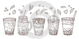 Bubble tea. Sketch summer drink, flavored teas graphic. Isolated delicious asian cold milk dessert. Cup yummy beverages