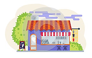 Bubble tea street shop. Coctail cafe. Flat vector illustration.