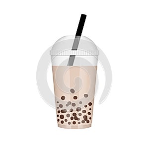 Bubble tea or tapioca in realistic plastic glass cup vector illustration