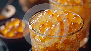 bubble tea texture, a detailed shot capturing the chewy tapioca pearls in bubble tea, offering a distinctive and photo