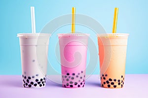 Bubble tea in transparent plastic cups and straws standing in line on purple and blue pastel background