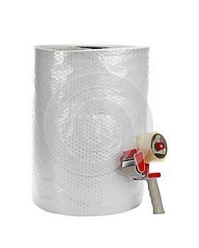 Bubble wrap roll and tape dispenser isolated on white