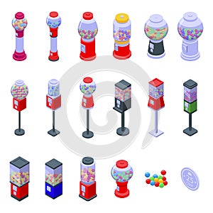 Bubblegum machine icons set isometric vector. Gum candy