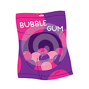 Bubblegum in package. Chewing bubble gum balls packaging. Sweet chewing candy