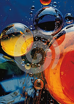 Bubbles in a blue drink with red and yellow colors mixing togeth