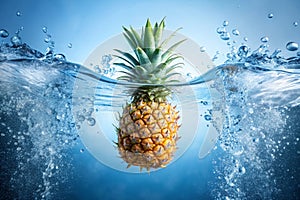 Bubbles in blue water after pineapple drop