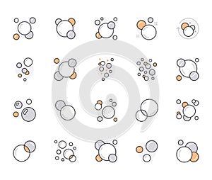 Bubbles flat line icons set. Soap foam, fizzy drink, oxygen bubble, soapy, effervescent effect, soda, champagne vector