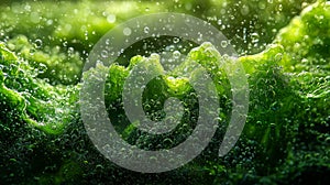 Bubbles and green algae create vibrant underwater scene