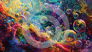 Colorful abstract bubbles floating in a vibrant liquid background