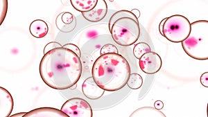 Bubbles with nucleus in molecular stream. Design. Molecular cells with embryos move in stream. Bubbles of molecules with