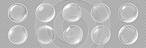 Bubbles, realistic 3d soap bubble isolated vector transparent background. Abstract soap foam or glass bubbles glossy light
