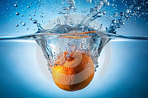 Bubbles in water. A background of bubbles forming in blue water after orange is dropped into it photo