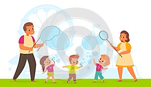 Bubbles show. Cute happy children and adults blowing soap bubbles in park. Cartoon kids and parents playing with air