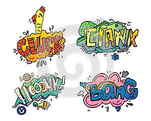 Bubbles of sounds for comix or cartoon, comic book or magazine. Onomatopoeia like clank for mechanical crash or crush photo