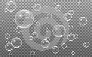 Bubbles on transparent backdrop. Realistic soap bubble. Water balls with reflection. Liquid 3d objects. Glossy round