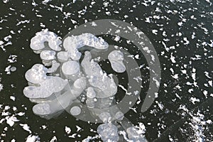 Bubbles under ice, formation of ice on the river