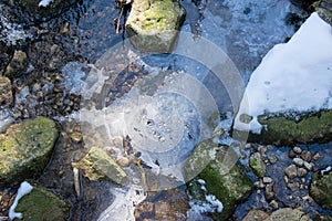 Bubbles under the ice in the middle of the river Mumlava