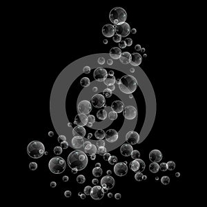 Bubbles underwater texture isolated on black background. Fizzy sparkles in water, sea, ocean. Undersea illustration