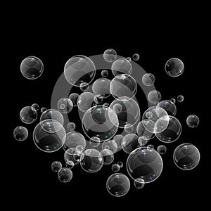 Bubbles underwater texture isolated on black background. Fizzy sparkles in water, sea, ocean. Undersea illustration