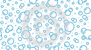 Bubbles vector seamless pattern with flat line icons. Blue white color soap texture. Fizzy water background, abstract
