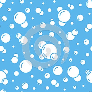 Bubbles vector seamless pattern with flat line icons. Blue white color soap texture. Fizzy water background, abstract