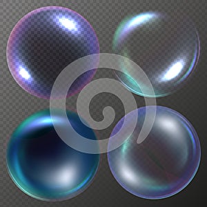 Realistic soap bubbles set in vector with shine, glares and rainbow isolated on transparent background EPS10