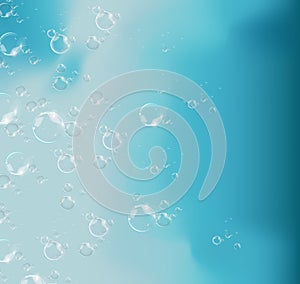 Bubbles in water on blue background horizontal vector. Circle and liquid, light design, clear soapy shiny, vector