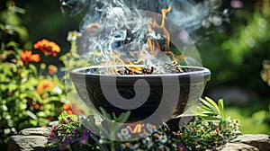 A bubbling cauldron suspended over a flickering flame emits fragrant steam as various herbs and ingredients simmer