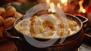 Bubbling cheese fondue with golden-browned potatoes, a hearty dish in an ornate pot by a warm fireside