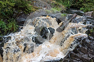 a bubbling fast cold river with cliffs and waterfalls, a mountain river with rapids