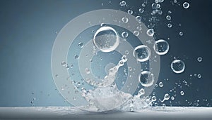 Bubbling fizz and refreshing beauty care products cleanliness or reviving vitality. Gas bubbles levitating, blue gray background