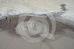 Bubbling mud. Mud volcano - landmark attraction in Buzau, Romania