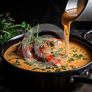bubbling pot of creamy lobster bisque, garnished with chunks of succulent lobster meat and fresh herbs by AI generated
