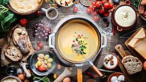 A bubbling pot of fondue, surrounded by an assortment of dipping delights such as bread, fruit, and vegetables.