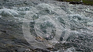 Bubbling water in a boisterous river in a mountainous area.