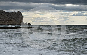 Bubbling Water, Dark Clouds over Mount, Light Horizon