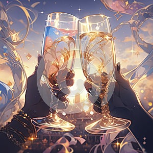 Bubbly champagne fills two crystal glasses, ready for a sparkling toast to celebration