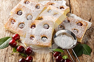 Bublanina Czech and Slovakian Cherry Bubble Cake with sprinkled with powdered sugar closeup on the parchment. Horizontal photo