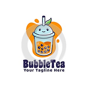 buble drink tea logo with leaf illustration cartoon mascot logo